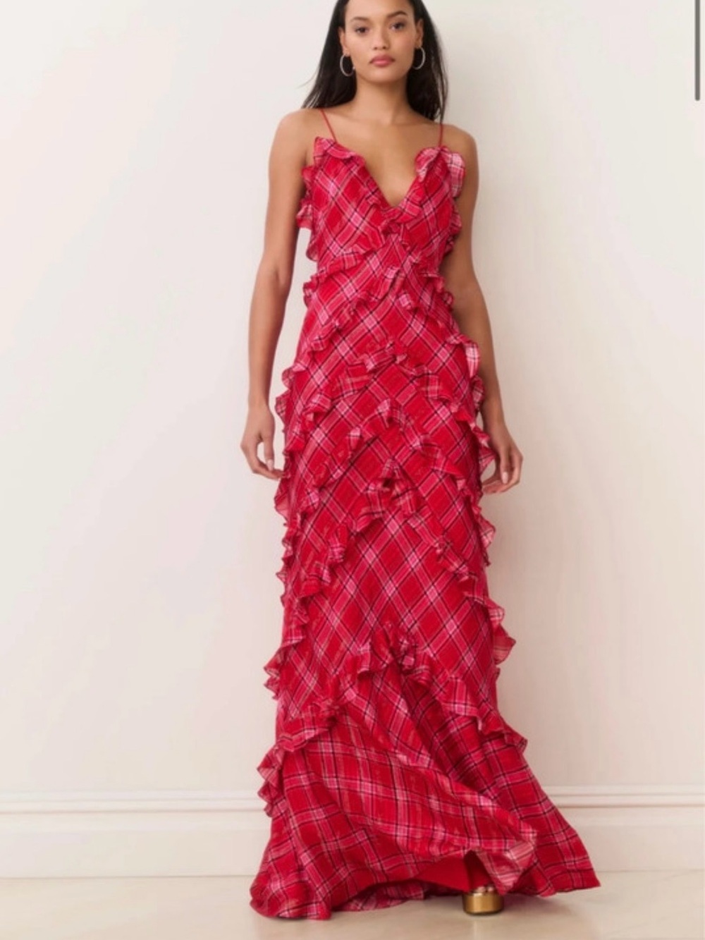 LoveShackFancy Red Plaid Ruffle Maxi Dress